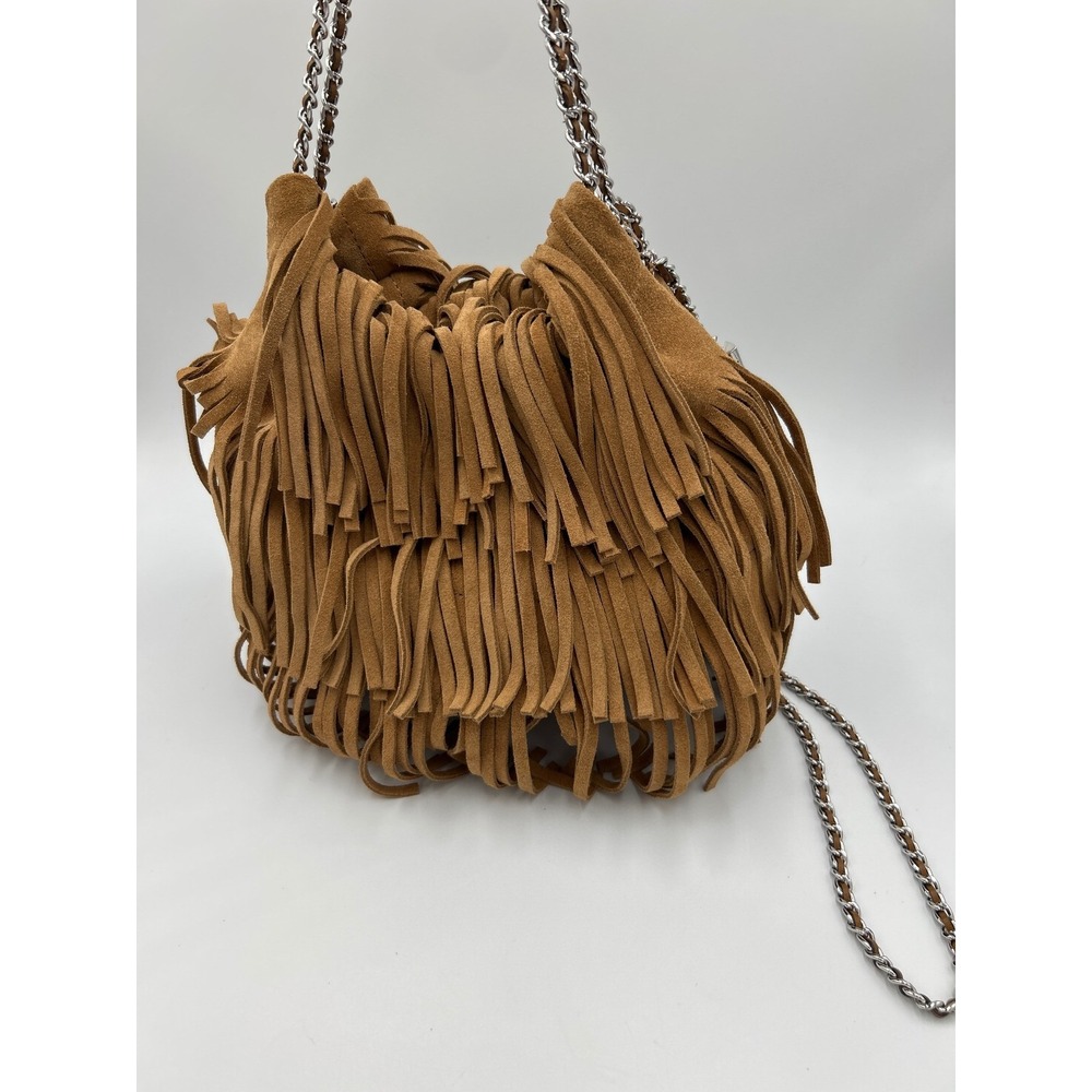 Tory Burch Mini Fleming Suede Fringe Hobo Bag Wild Tobacco Brown Silver Chain - Picture 4 of 11